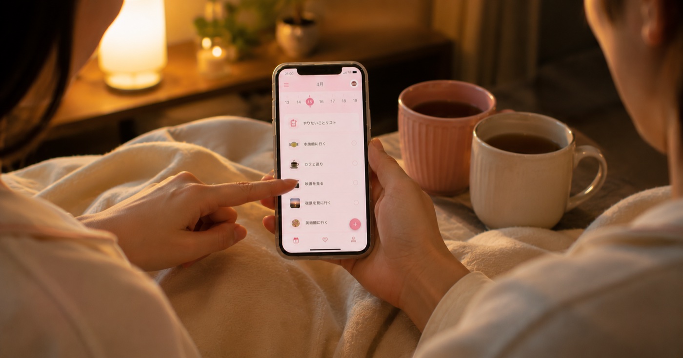 ふたりでスマホを見ながらデートの計画を立てる